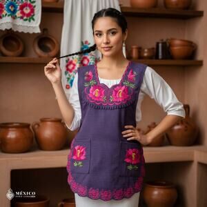 Magenta Mexican Embroidered Smock Apron – Floral Traditional Design